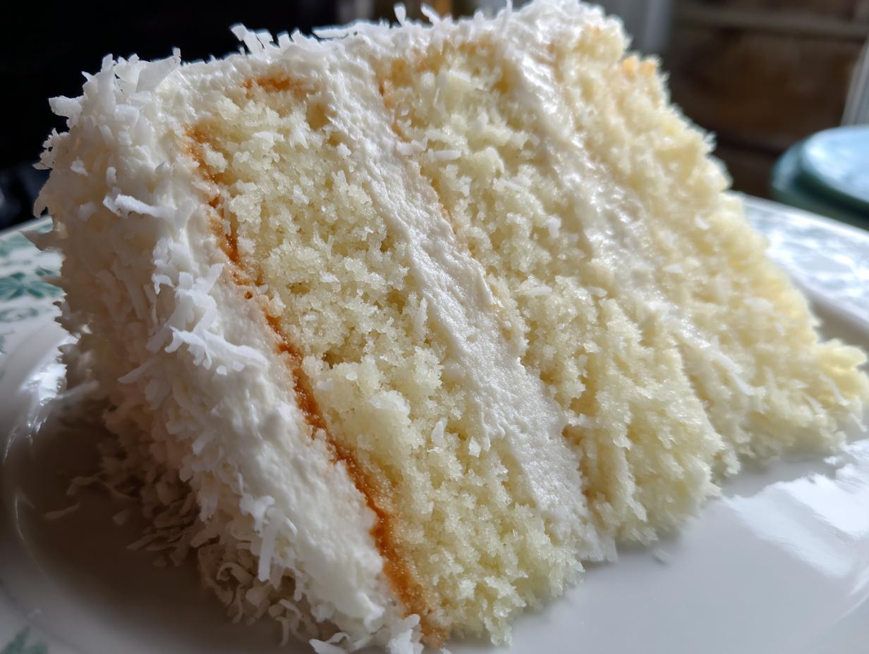 Close-up of a moist slice of fluffy coconut cake layered with white frosting and shredded coconut.