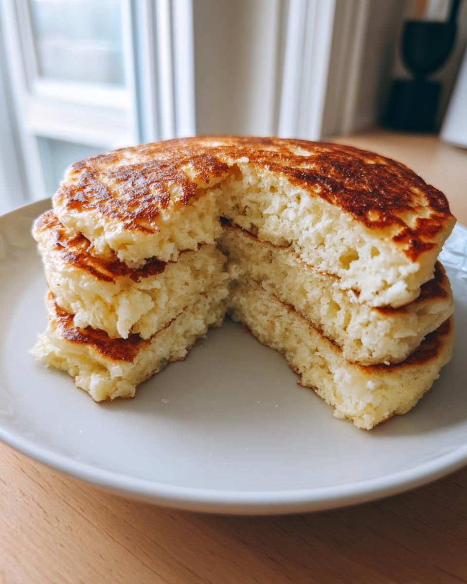Close-up of a stack of fluffy coconut flour pancakes cut in half, showing the light, airy interior texture.