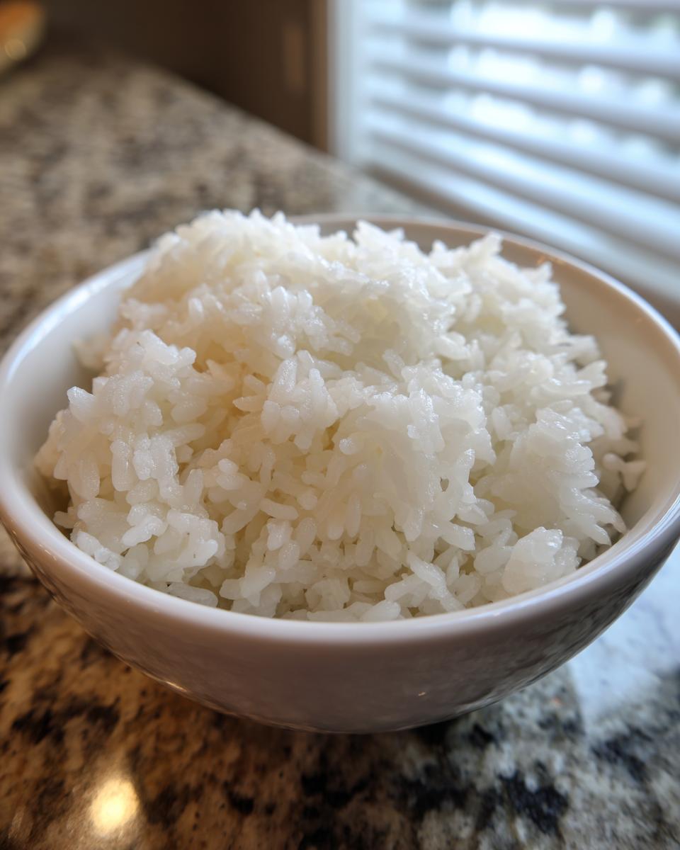 A close-up of fluffy, perfectly cooked sushi rice mounded in a small white bowl.