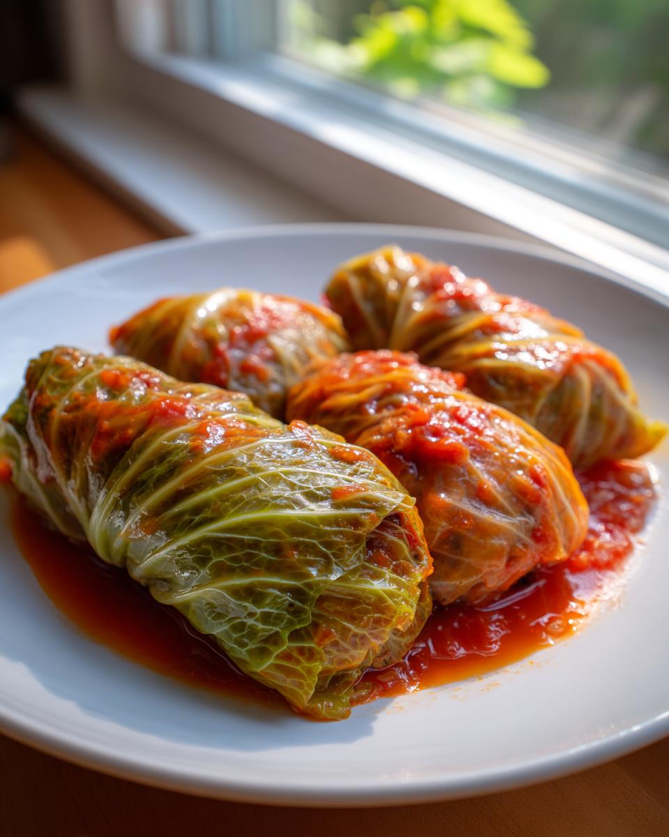 Four savory cabbage rolls covered in rich tomato sauce served on a white plate.