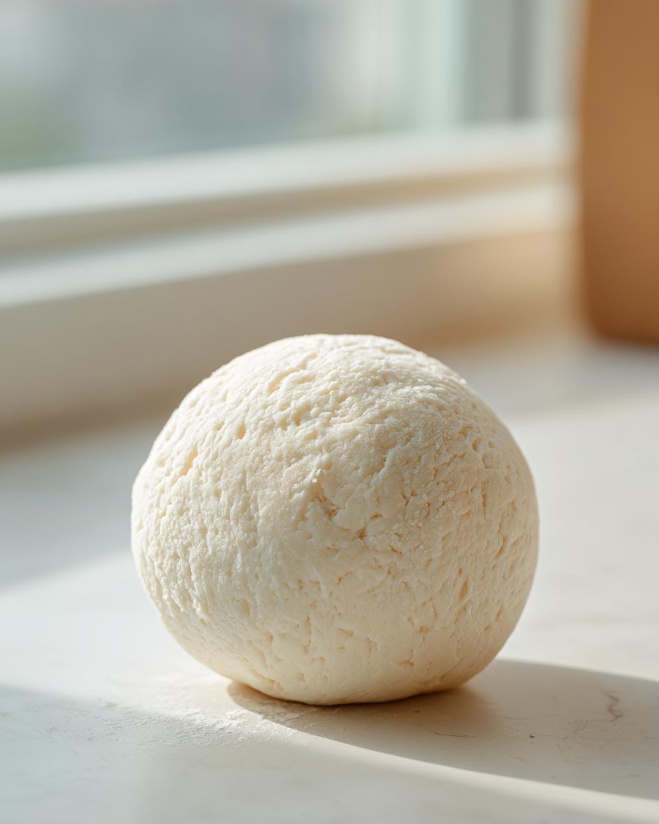 A smooth, pale ball of freshly made marzipan recipe dough resting on a lightly dusted white surface near a window.