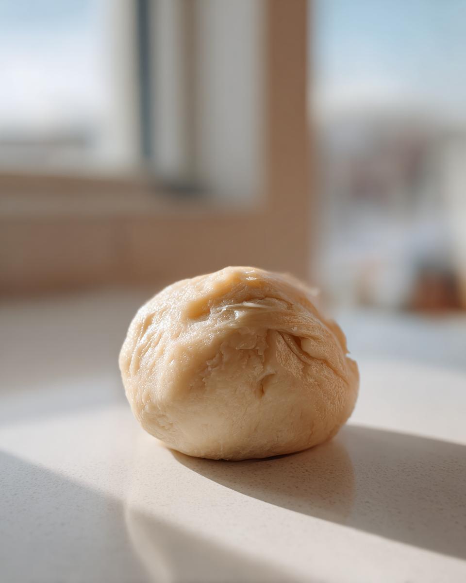 A smooth, pale ball of freshly prepared marzipan recipe dough resting on a light countertop.