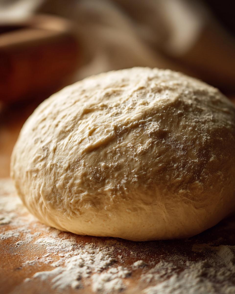 Close-up of a smooth, round ball of freshly kneaded pizza dough resting on a floured wooden surface.