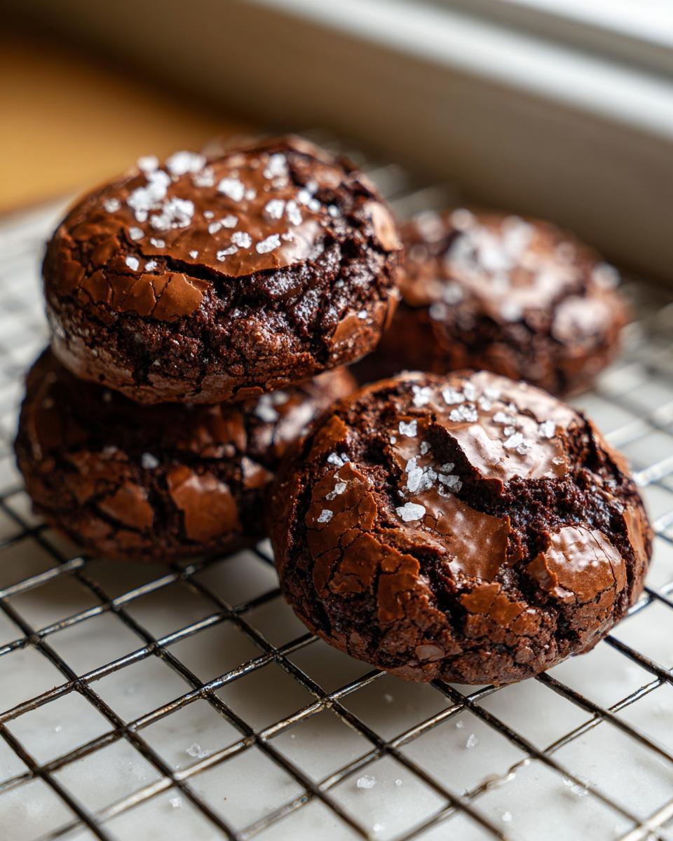 A stack of rich, fudgy brownie cookies topped with flaky sea salt cooling on a wire rack.