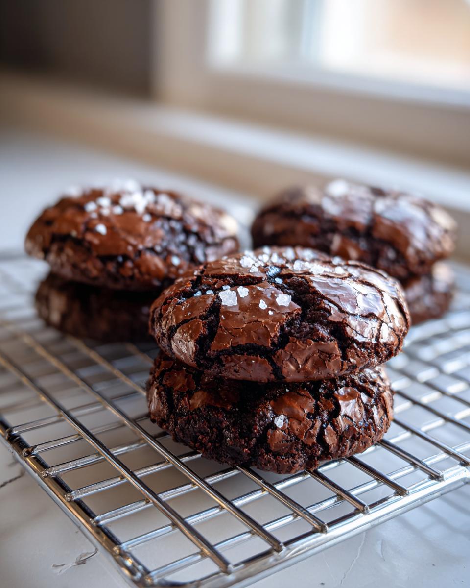 A stack of fudgy brownie cookies topped with flaky sea salt, cooling on a wire rack.