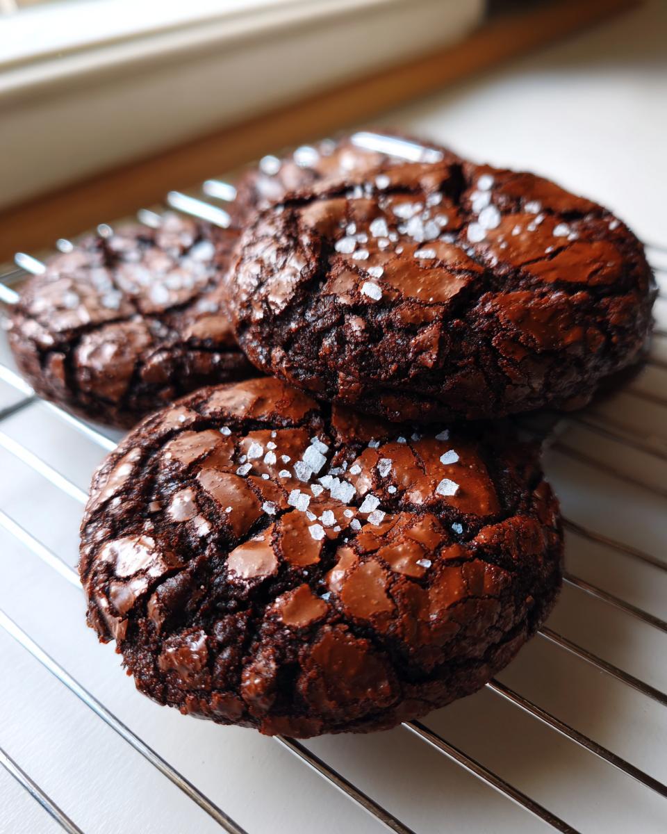 Close-up of three rich, dark brownie cookies with cracked tops sprinkled with flaky sea salt, cooling on a wire rack.