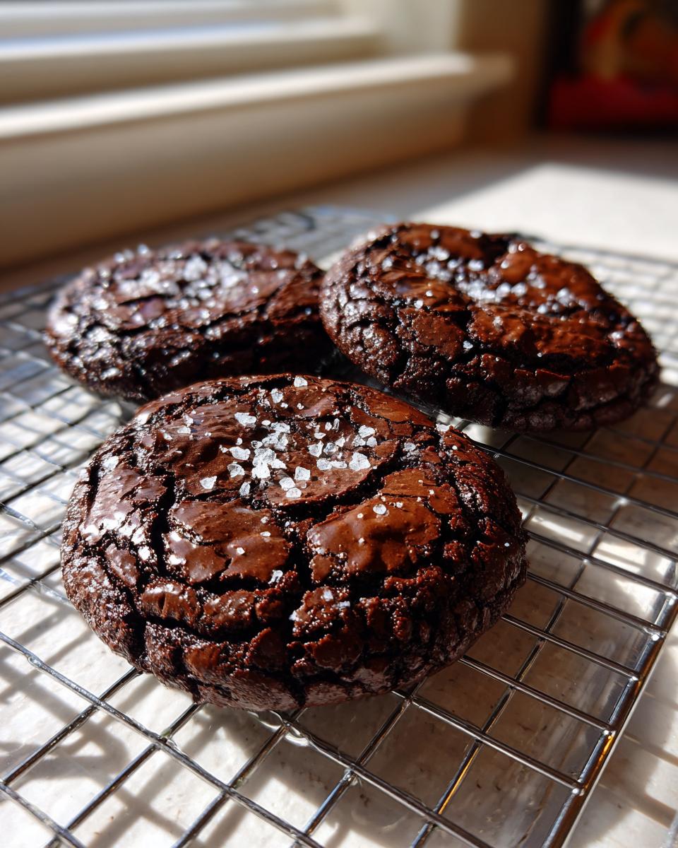 Three fudgy brownie cookies topped with flaky sea salt cooling on a wire rack.