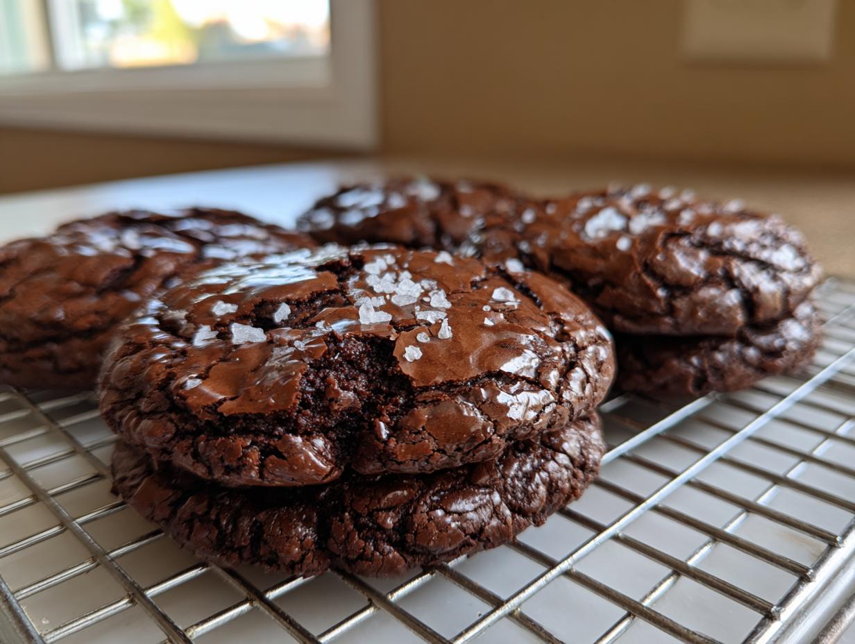 Close-up of fudgy brownie cookies sprinkled with flaky sea salt cooling on a wire rack.