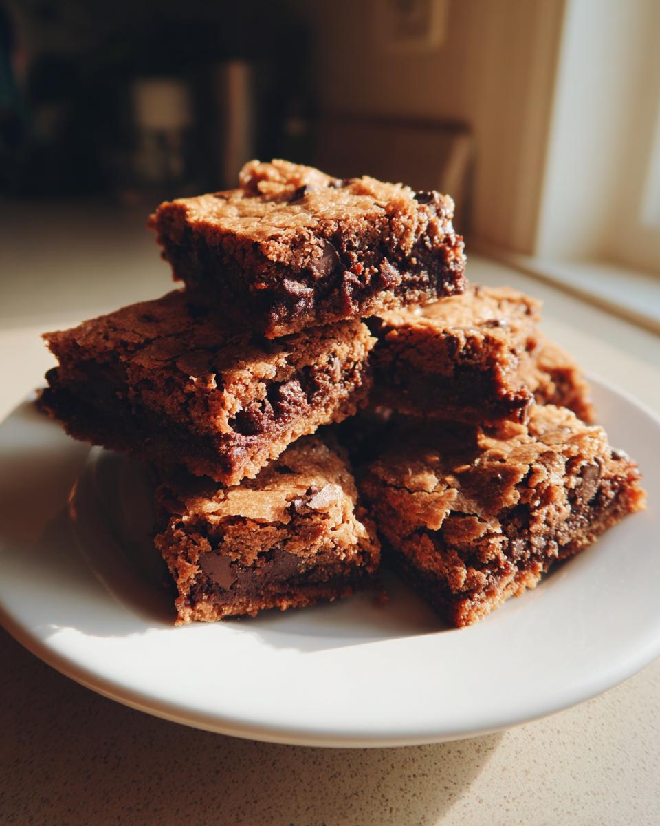A stack of rich, fudgy cake mix cookie bars loaded with chocolate chips, sitting on a white plate.