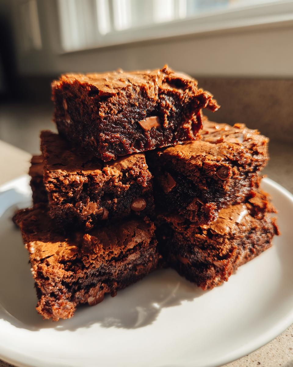 A stack of rich, fudgy chocolate brownie squares, which are a type of cake mix cookie bars, on a white plate.