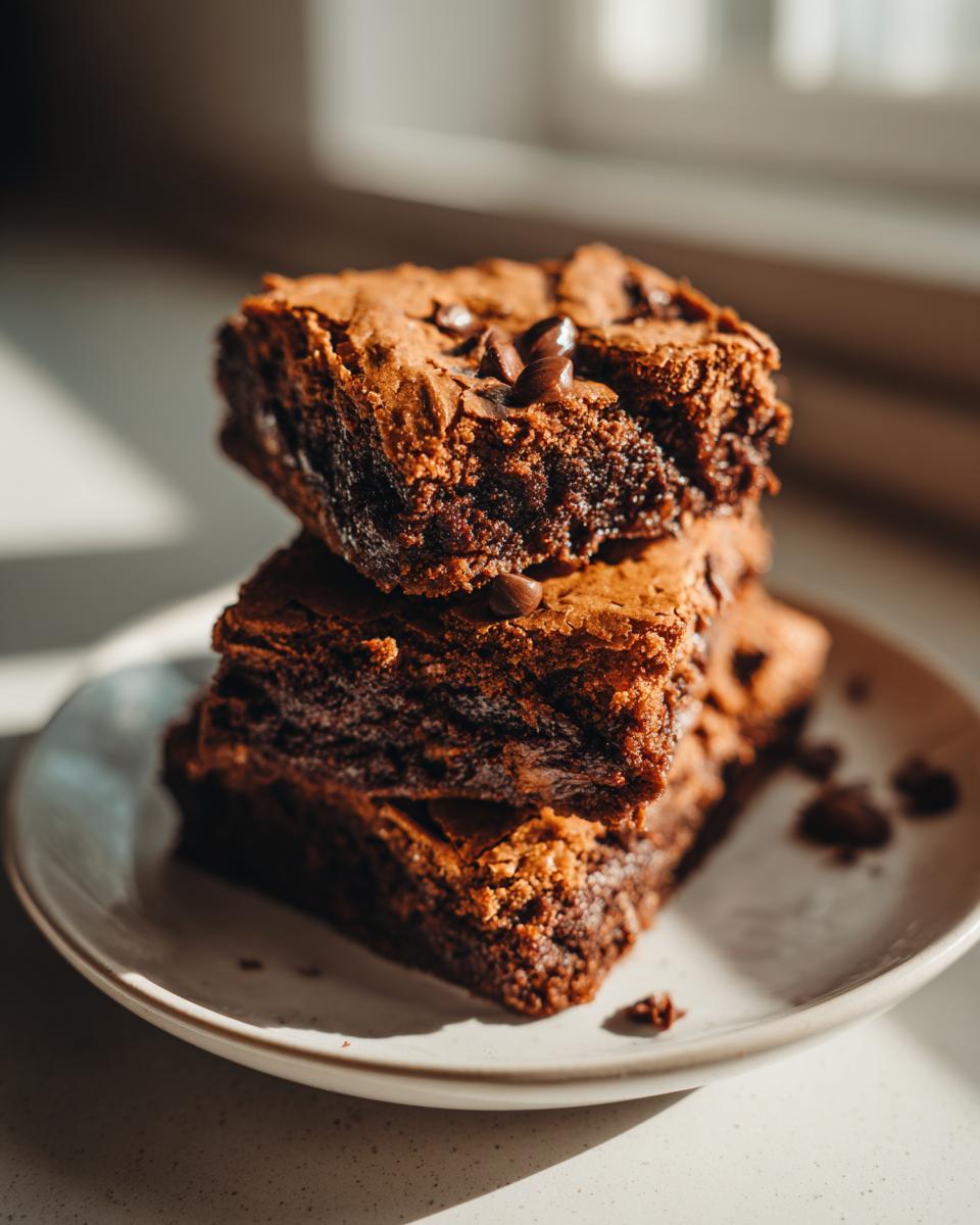A stack of three fudgy chocolate cake mix cookie bars topped with chocolate chips, dramatically lit by sunlight.