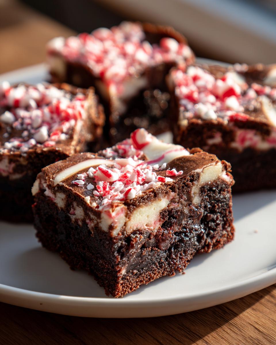 A close-up of a fudgy candy cane brownie slice topped with white swirl and crushed candy cane pieces.