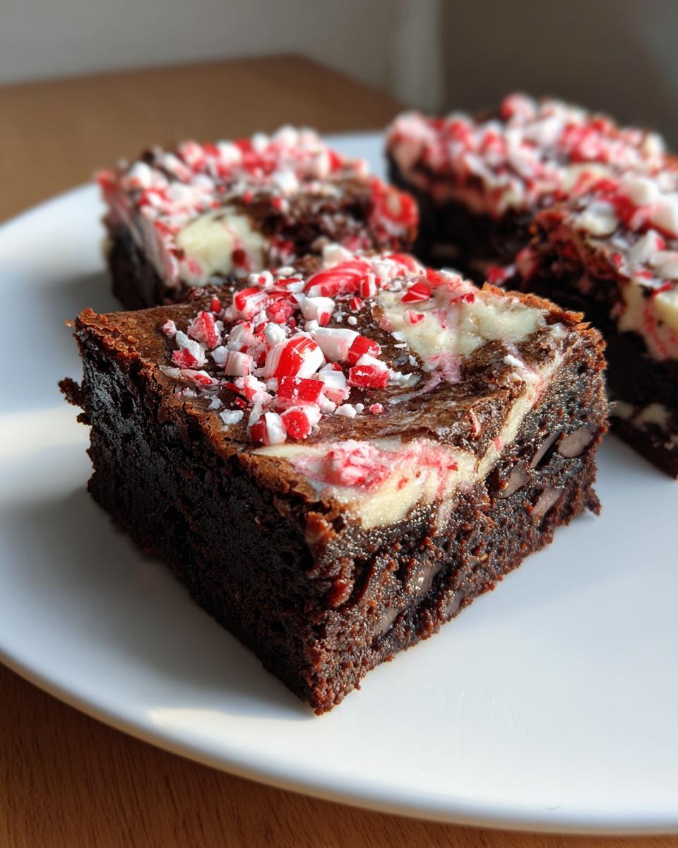 A close-up of a fudgy candy cane brownies square topped with cream cheese swirl and crushed peppermint.