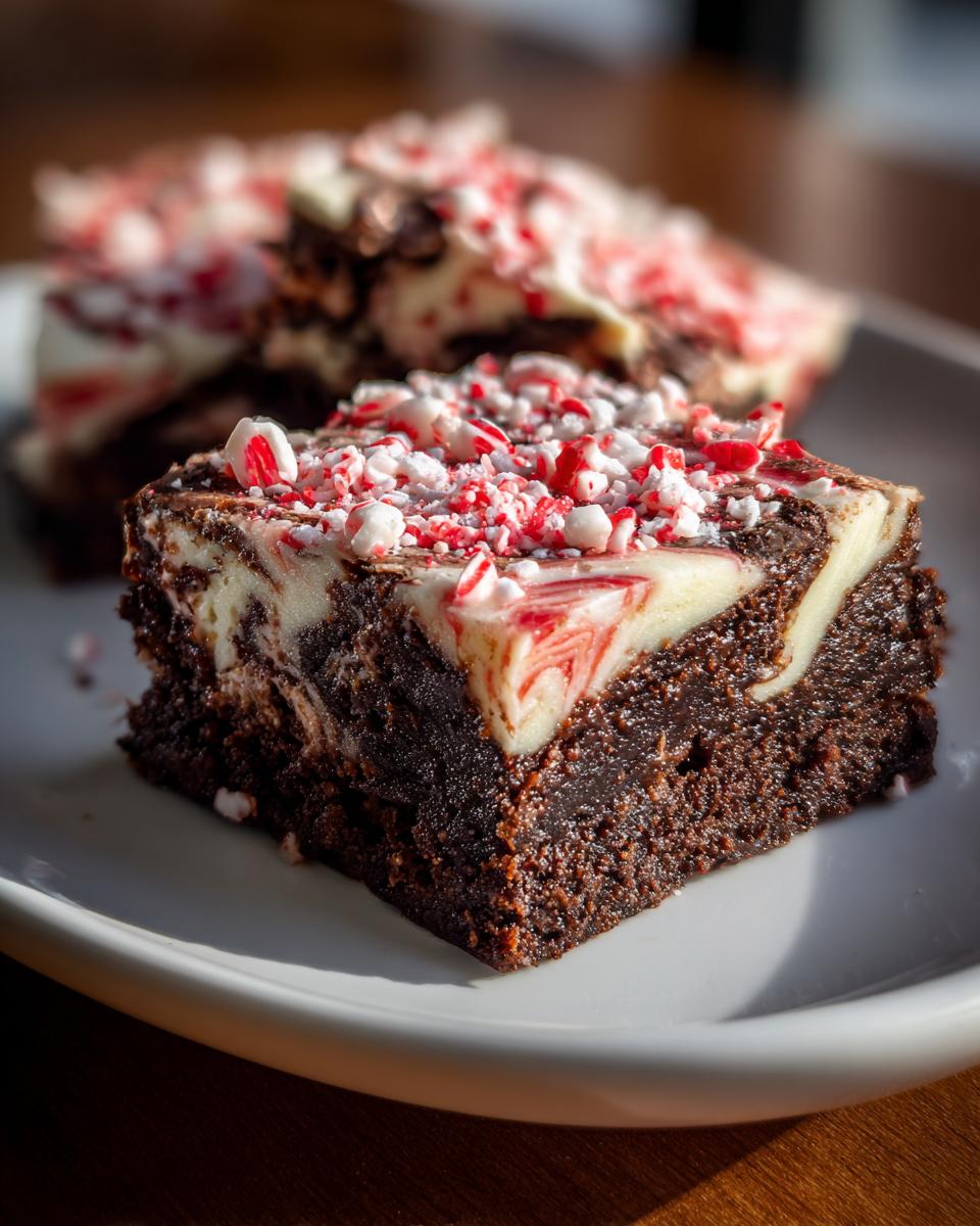 Close-up of a fudgy candy cane brownie square topped with cream cheese swirl and crushed peppermint.