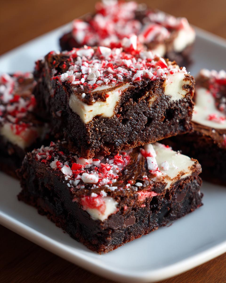 Close-up of fudgy candy cane brownies stacked, featuring white chocolate swirls and crushed peppermint topping.