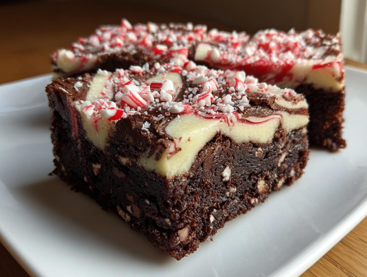 Close-up of fudgy candy cane brownies with a marbled cream cheese topping and crushed peppermint.