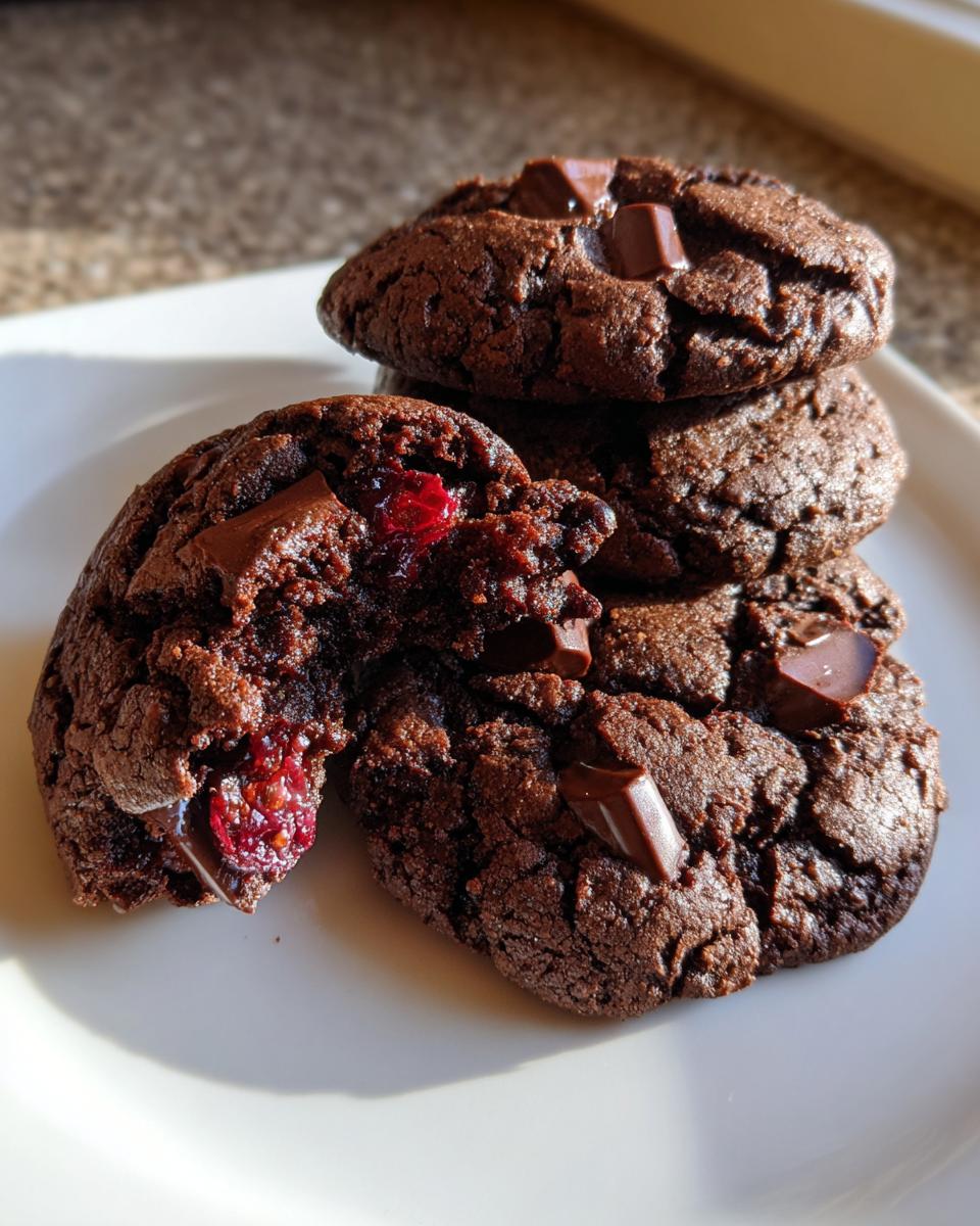 A stack of fudgy chocolate cherry cookies, one broken open to show the gooey cherry filling.