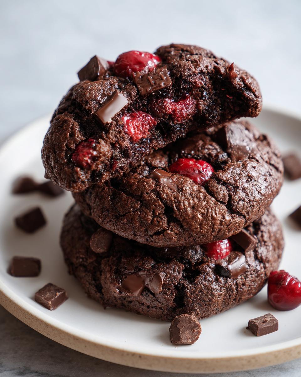 A stack of three fudgy chocolate cherry cookies, showing melted chocolate chunks and bright red cherries inside.