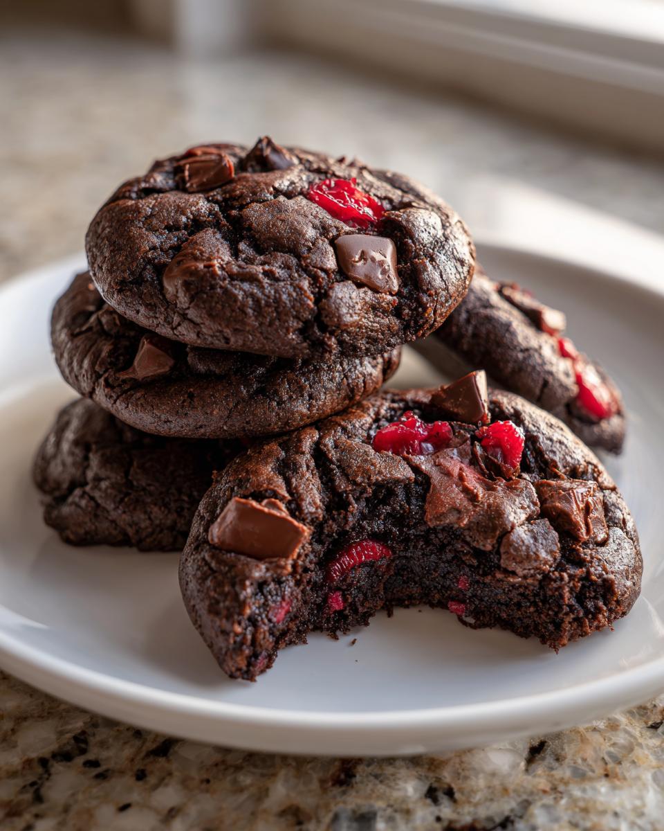Close-up of fudgy chocolate cherry cookies stacked on a white plate, one cookie has a bite taken out.