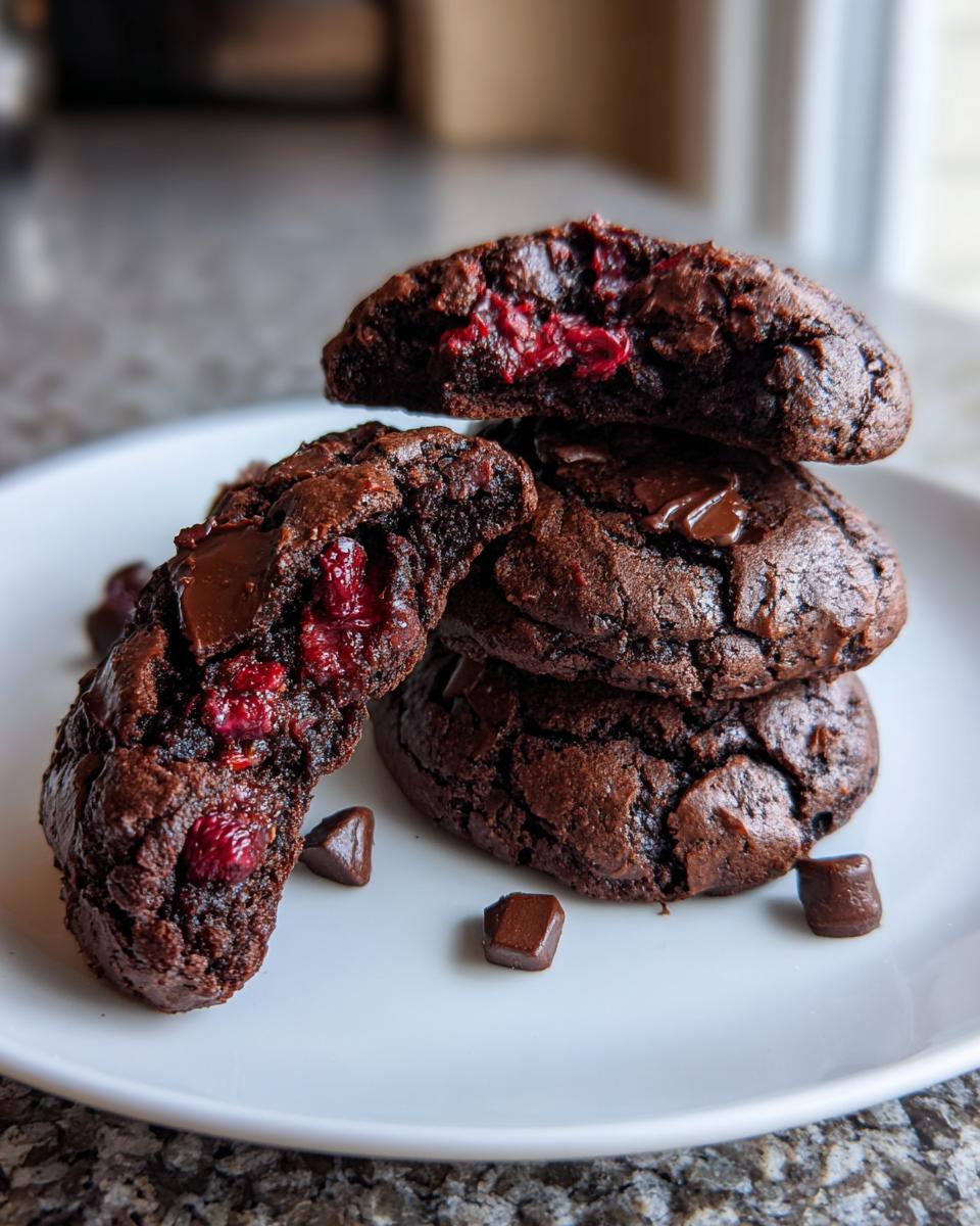 Stack of fudgy chocolate cherry cookies, one broken open to show the gooey cherry filling.