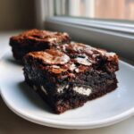 Close-up of a fudgy oreo brownies square showing white cream filling chunks inside the dark chocolate.