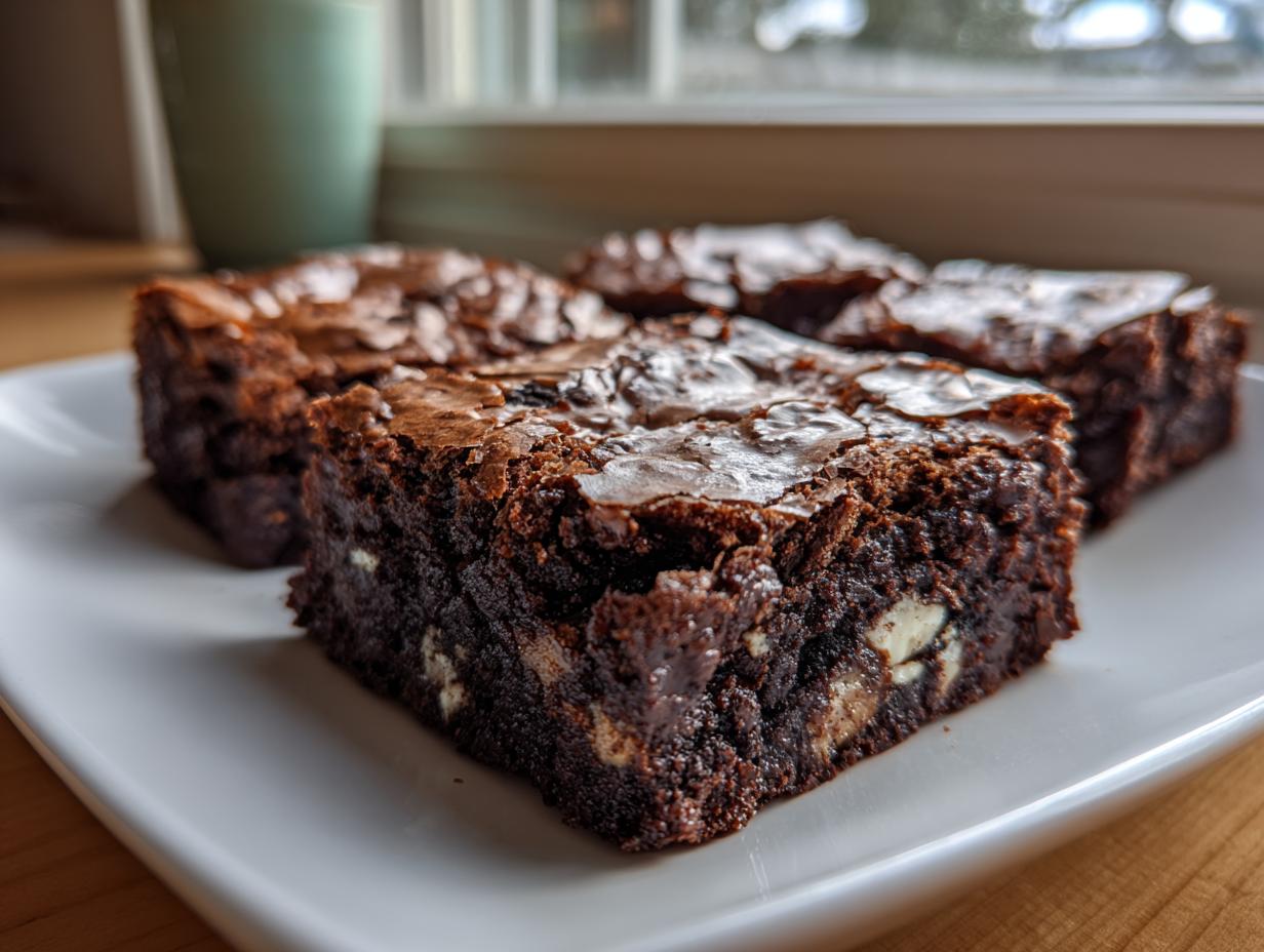 Close-up of fudgy oreo brownies squares with shiny tops served on a white plate.