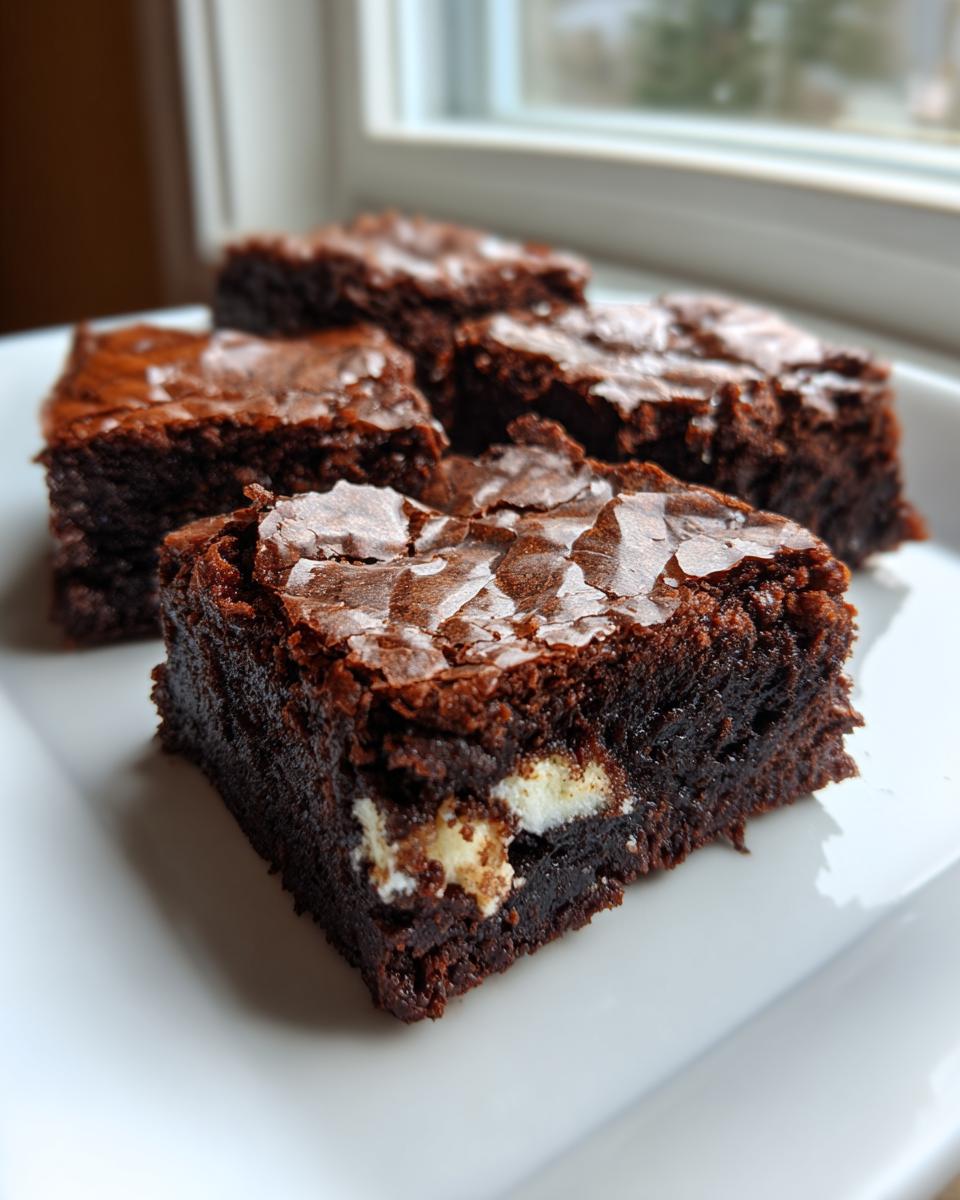 Close-up of fudgy oreo brownies squares on a white plate, showing white cream filling inside.