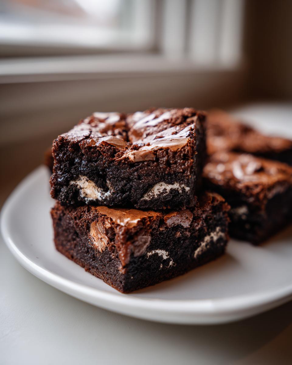 Two fudgy oreo brownies stacked on a white plate, showing creamy white filling inside the dark chocolate.