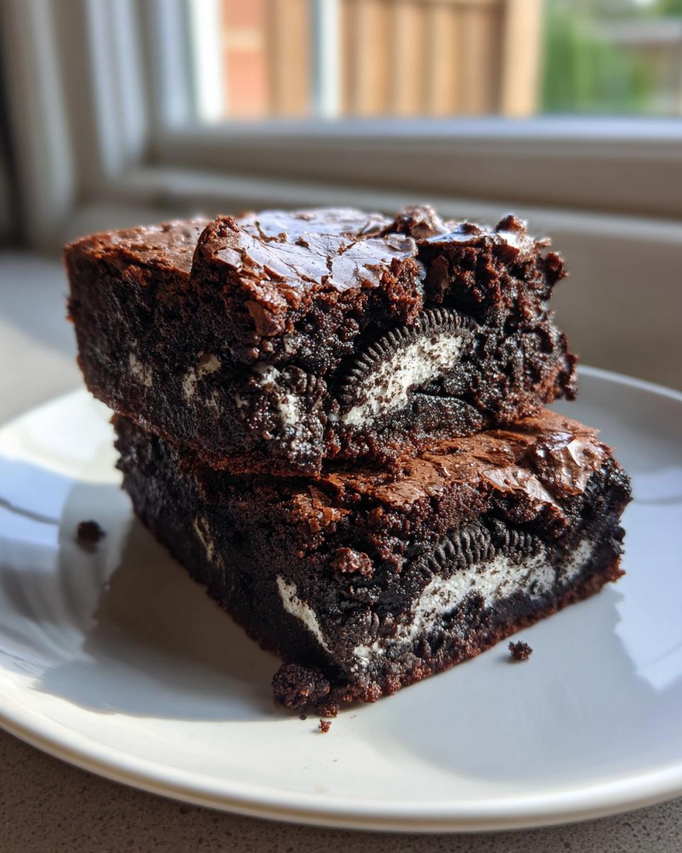 Two fudgy oreo brownies stacked, showing the creamy white filling of the embedded Oreo cookies.