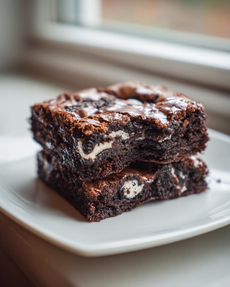 Two fudgy oreo brownies stacked on a white plate, showing creamy white filling inside the dark chocolate.