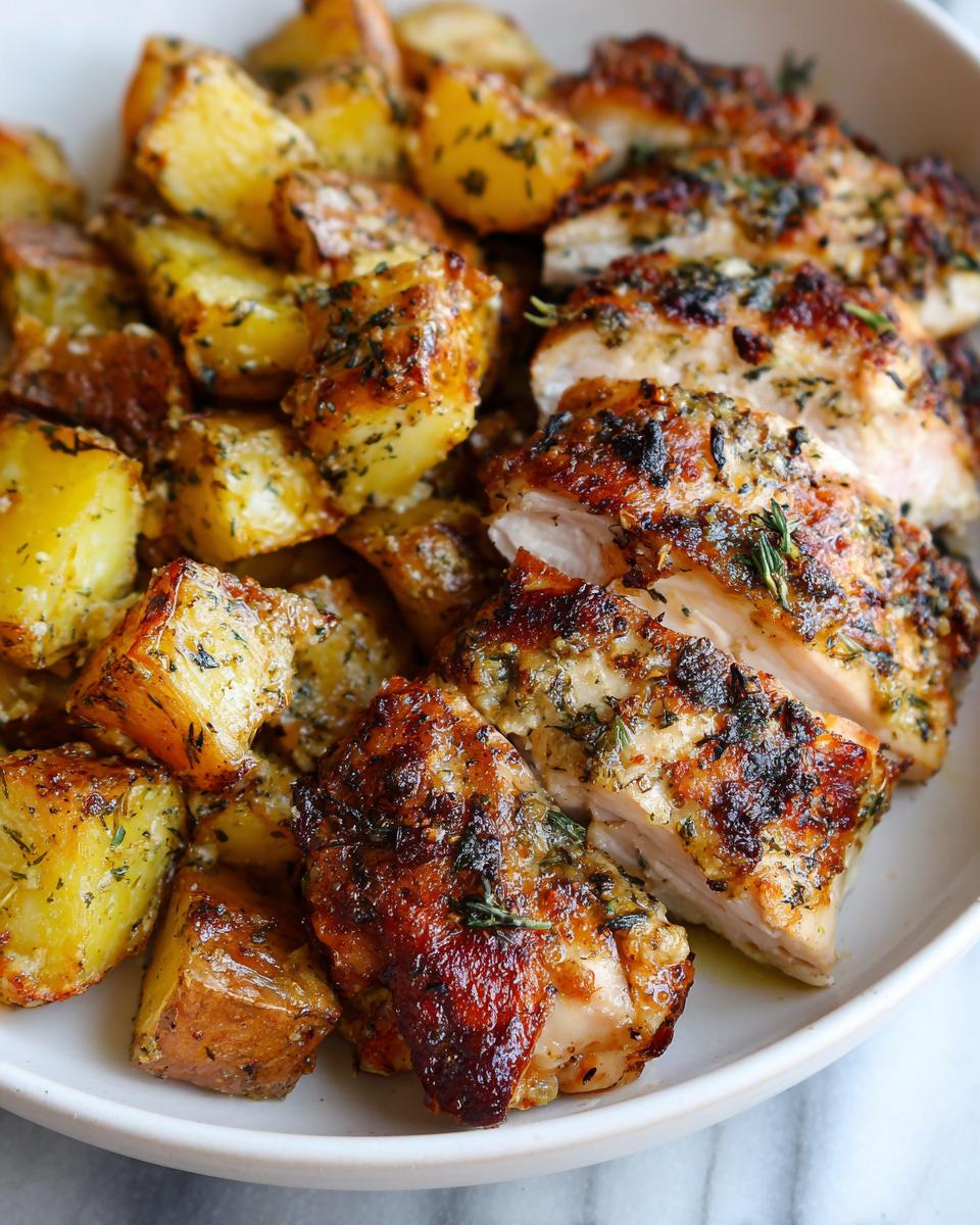 Close-up of sliced, herb-crusted garlic parmesan chicken and roasted potatoes served on a white plate.