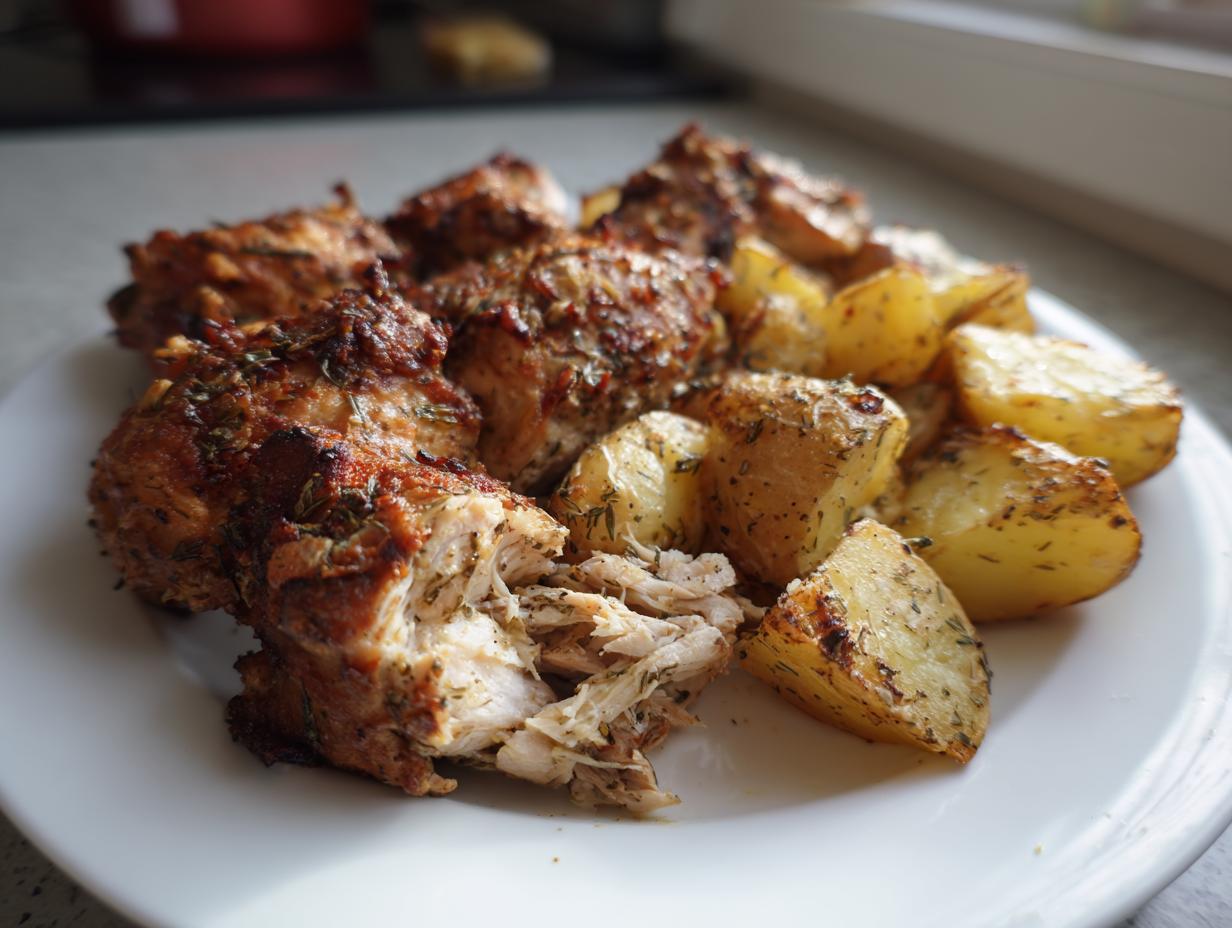Close-up of baked garlic parmesan chicken and potatoes served on a white plate, showing shredded chicken texture.