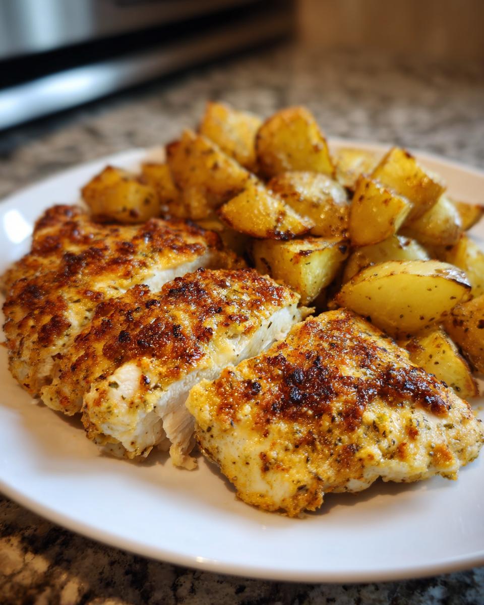 Close-up of sliced garlic parmesan chicken next to roasted potatoes on a white plate.