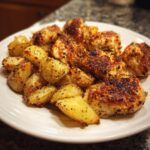 Close-up of perfectly cooked garlic parmesan chicken and potatoes seasoned with herbs and pepper on a white plate.