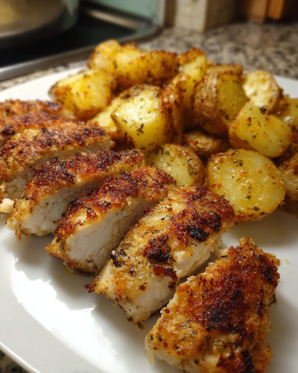 Close-up of sliced, crispy garlic parmesan chicken next to roasted potatoes on a white plate.