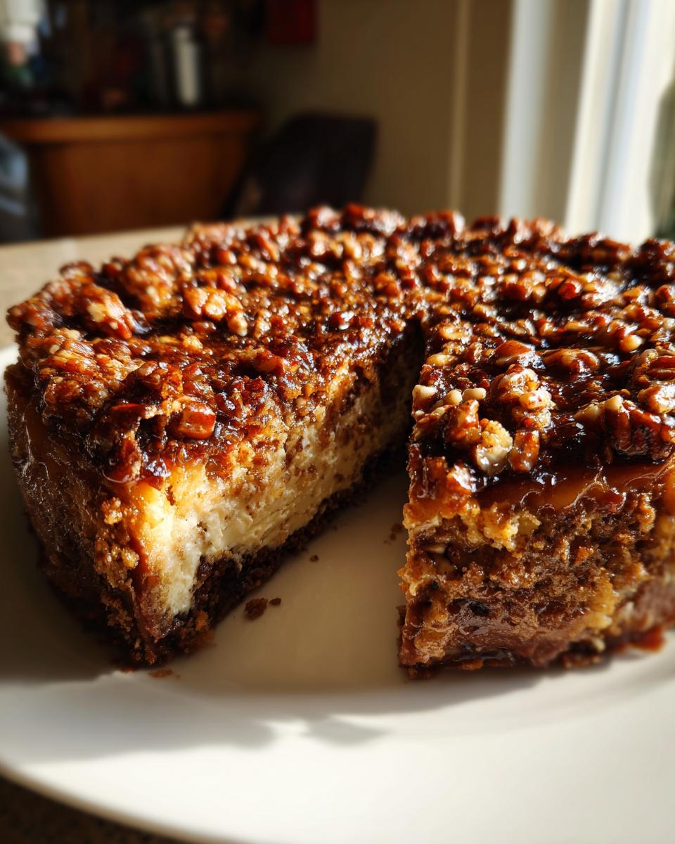 A rich german chocolate cheesecake with a thick, gooey pecan caramel topping, one slice removed.