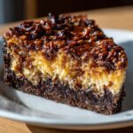 Close-up of a rich slice of german chocolate cheesecake showing the dark chocolate base and coconut pecan topping.