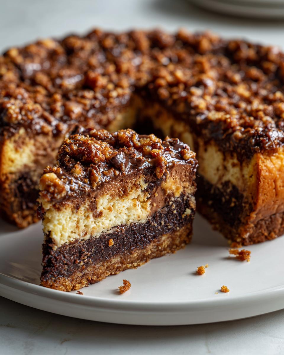 A decadent slice of german chocolate cheesecake showing layers of crust, chocolate, and cream cheese, topped with pecan frosting.