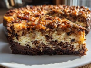 Close-up of a slice of german chocolate cheesecake showing layers: chocolate crust, creamy filling, and pecan topping.
