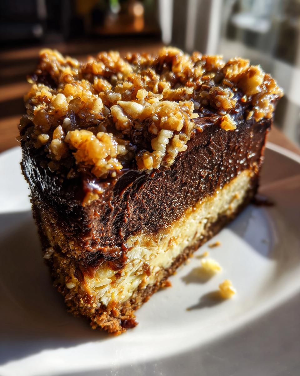 Close-up of a decadent slice of german chocolate cheesecake showing layers and a crunchy pecan topping.