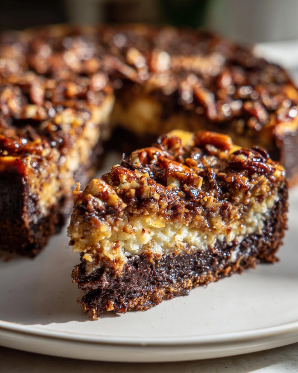 A decadent slice of german chocolate cheesecake featuring a dark chocolate base, creamy filling, and pecan topping.