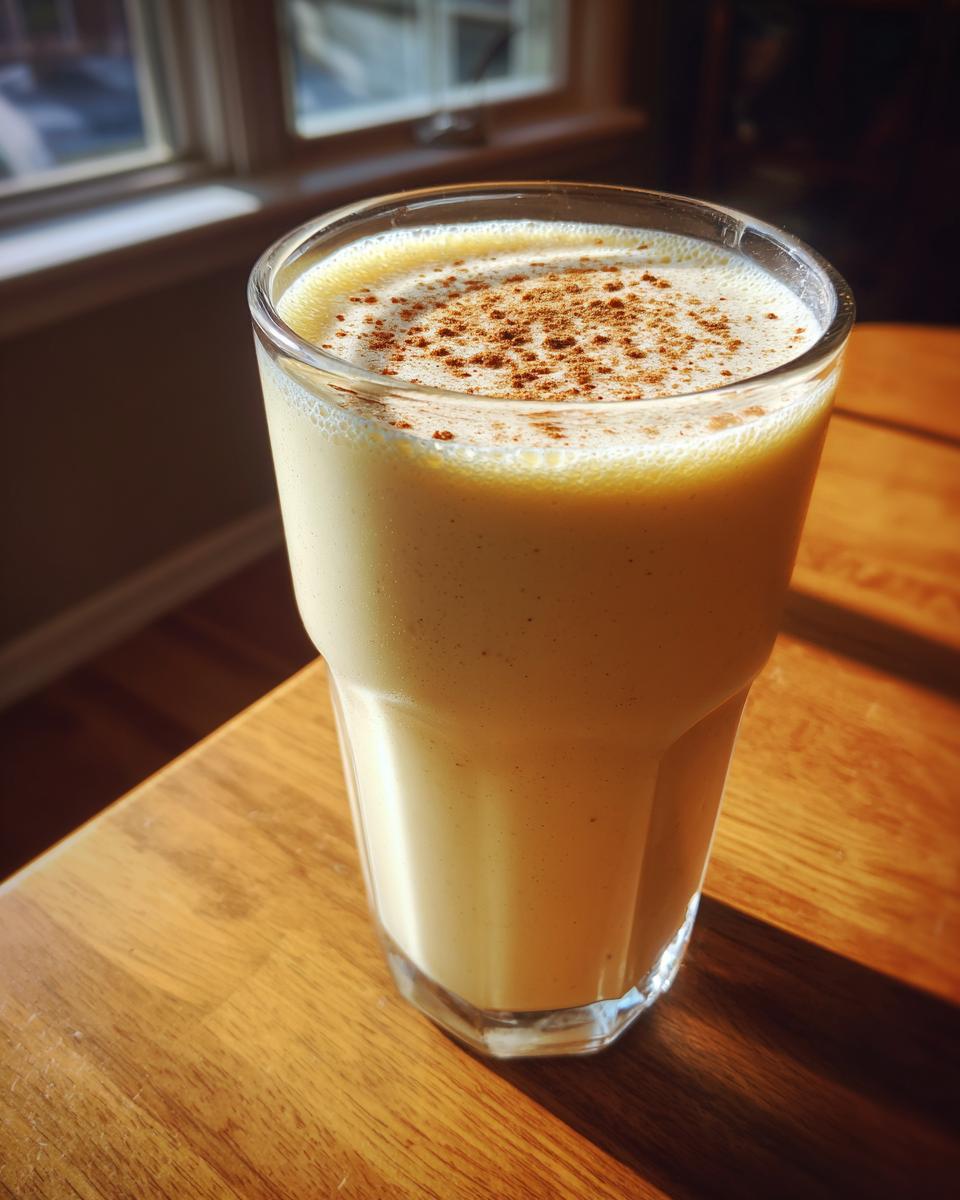 A tall glass of creamy homemade eggnog, topped with a dusting of cinnamon, sitting on a sunlit wooden table.