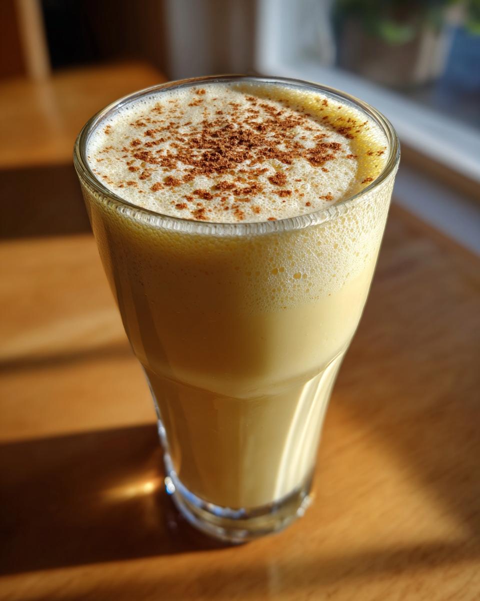 A tall glass filled with creamy homemade eggnog, topped with foamy froth and sprinkled with cinnamon.