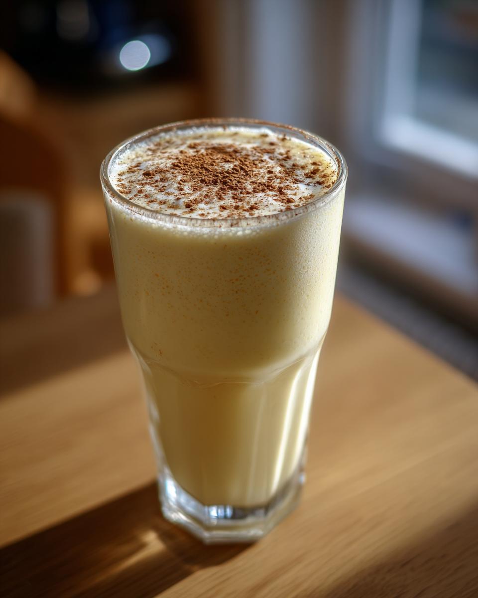 Close-up of a tall glass filled with creamy homemade eggnog, topped with a sprinkle of cinnamon.