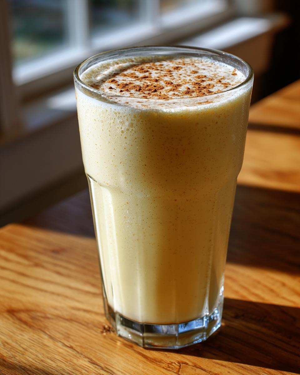 A tall glass filled with creamy homemade eggnog, topped with a dusting of cinnamon, sitting on a wooden table.
