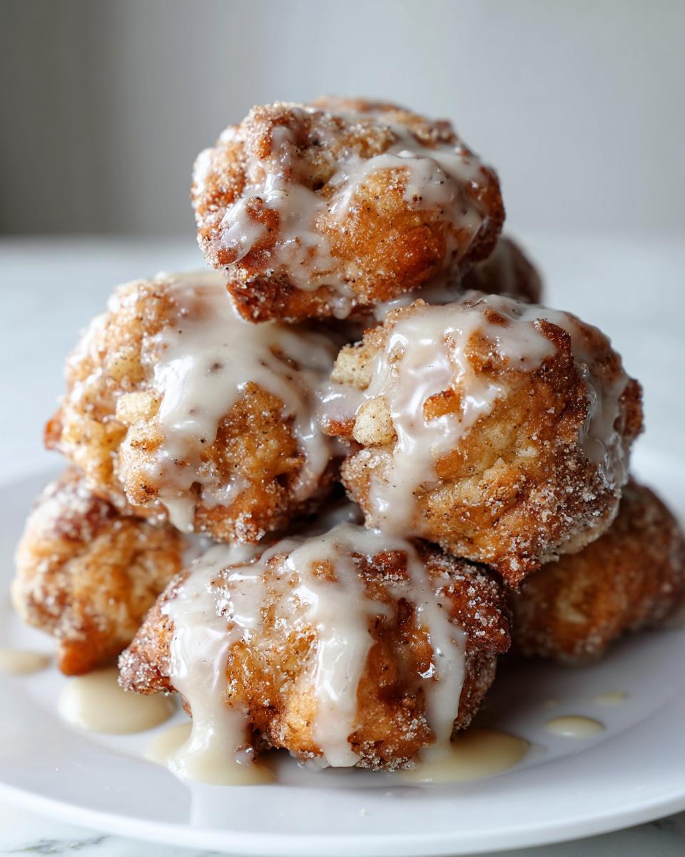 A tempting stack of golden brown apple fritter bites dusted with cinnamon sugar and drizzled heavily with vanilla glaze.