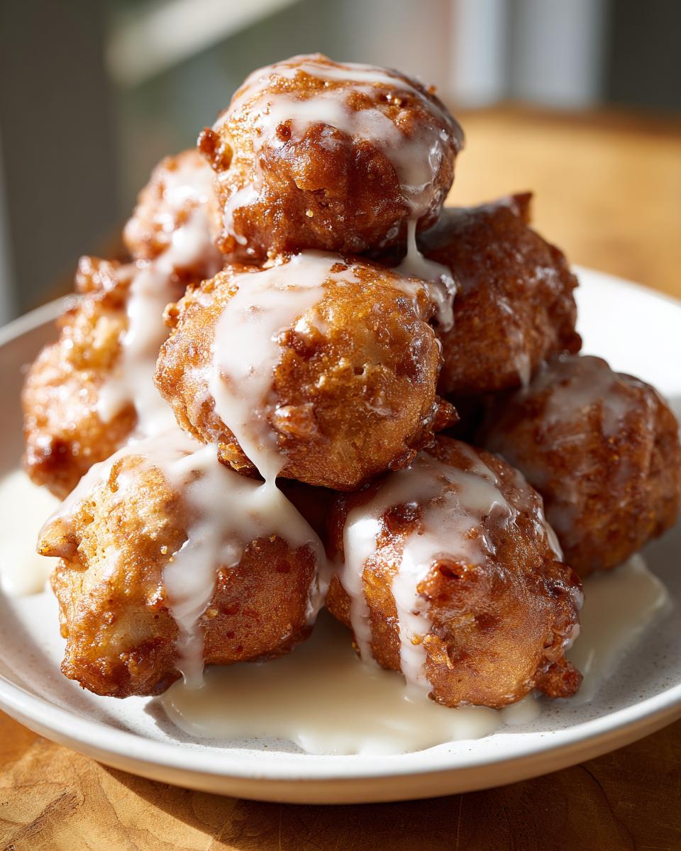 A stack of golden brown, deep-fried apple fritter bites drizzled generously with white vanilla glaze.