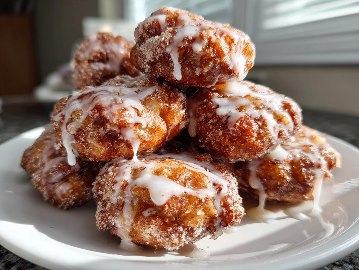 A close-up stack of golden brown, cinnamon-sugar coated apple fritter bites drizzled with white vanilla glaze.