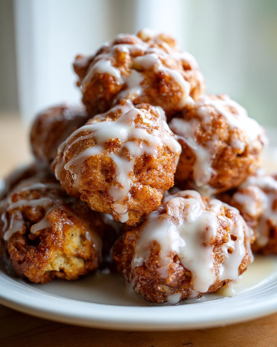 A close-up stack of golden brown, glazed apple fritter balls piled high on a white plate.