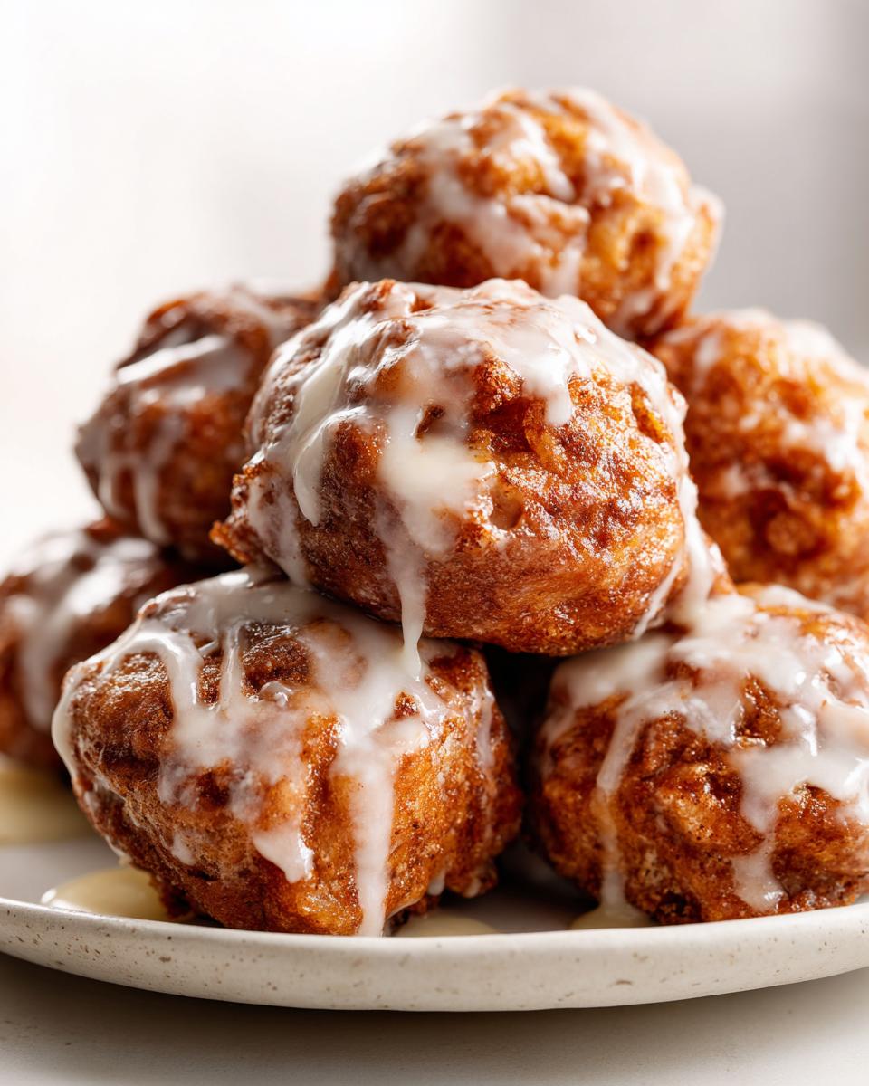 Close-up of a stack of golden-brown, glazed apple fritter balls piled high on a speckled white plate.